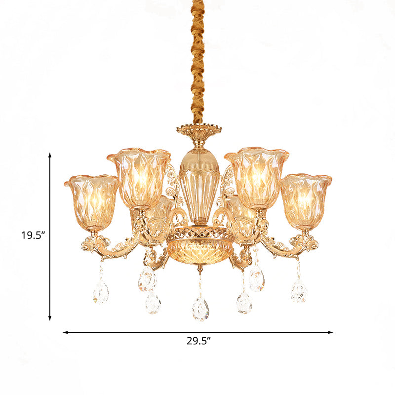Gold 6-Bulb Pendant Light Fixture Mid Century Amber Glass Floral Chandelier with Crystal Drop