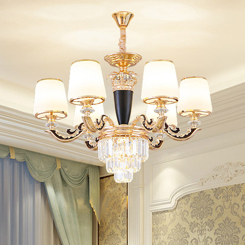 Opal Glass Cone Hanging Pendant Mid-Century 6 Heads Bedroom Chandelier in Black and Gold with Crystal Decor