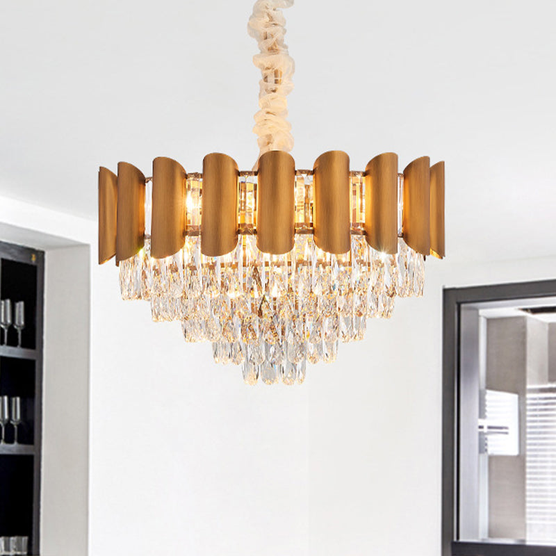 Tapered Crystal Suspension Lamp Modernism 6-Light Dining Room Chandelier Lighting in Brass