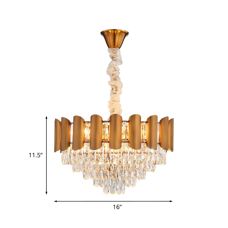Tapered Crystal Suspension Lamp Modernism 6-Light Dining Room Chandelier Lighting in Brass