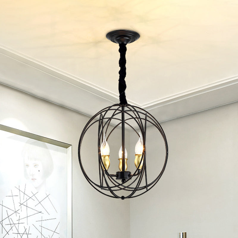 Plafond de bougie noire pendentif rustique métal 3 ampoules Lumière de lustre avec cage globe