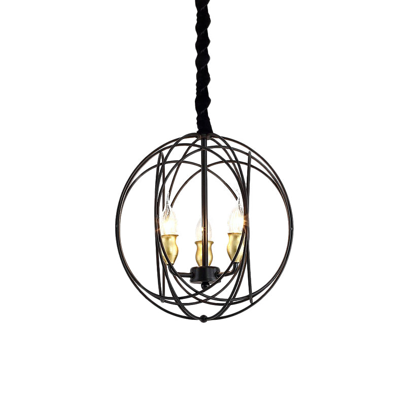 Plafond de bougie noire pendentif rustique métal 3 ampoules Lumière de lustre avec cage globe