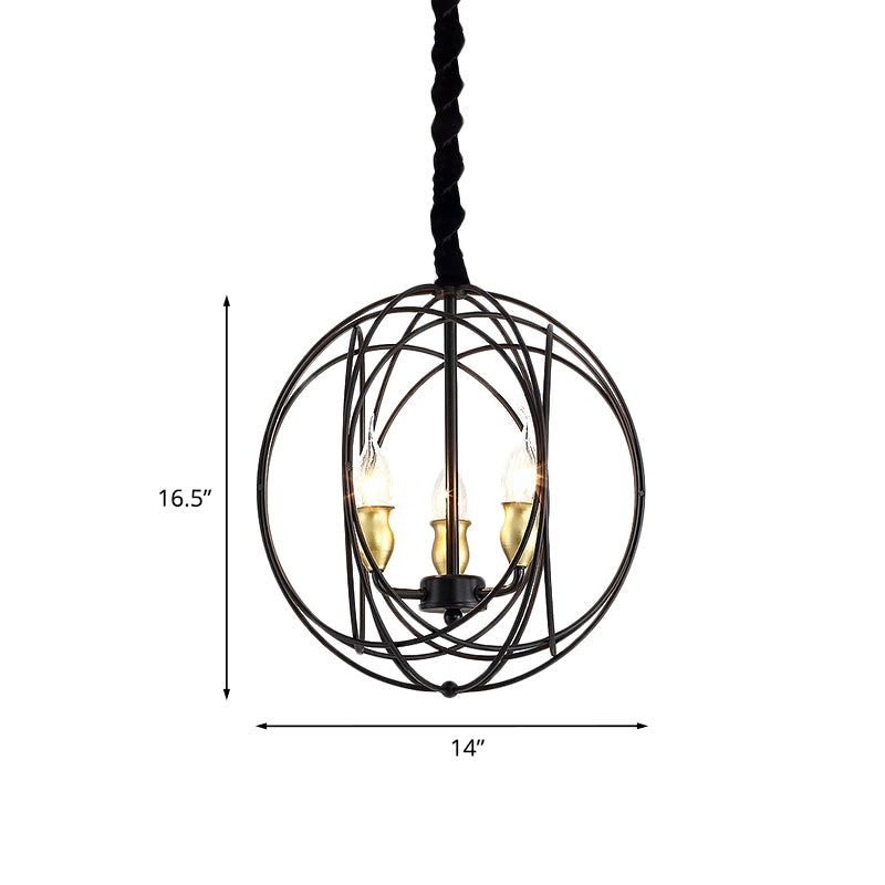 Plafond de bougie noire pendentif rustique métal 3 ampoules Lumière de lustre avec cage globe
