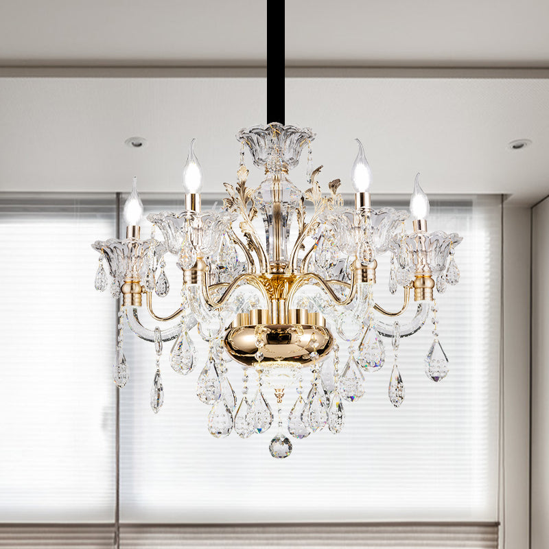 6 Lights K9 Crystal Pendant Light Mid-Century Gold Candlestick Bedroom Chandelier Lamp