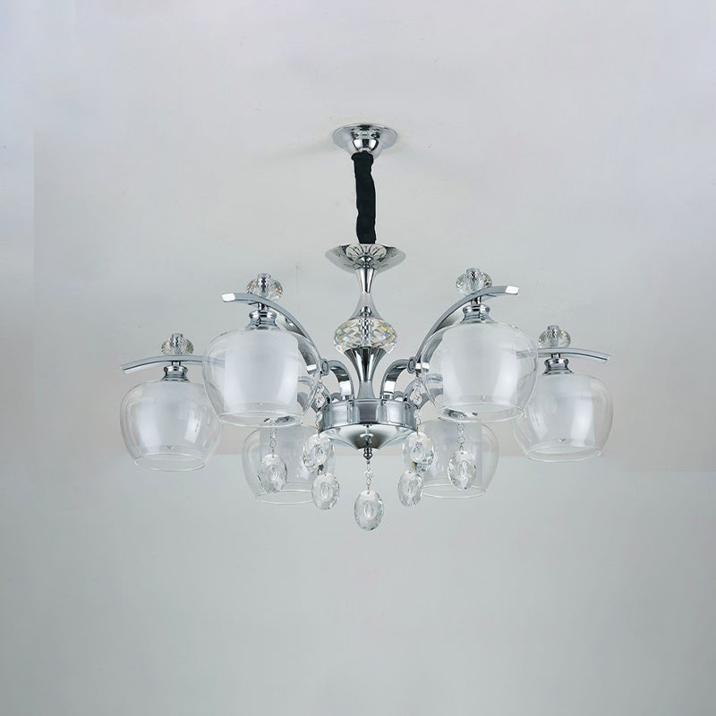 Chrome Sputnik Hanging Chandelier Modern Clear Glass 6-Light Bedroom Pendant with Crystal Drop