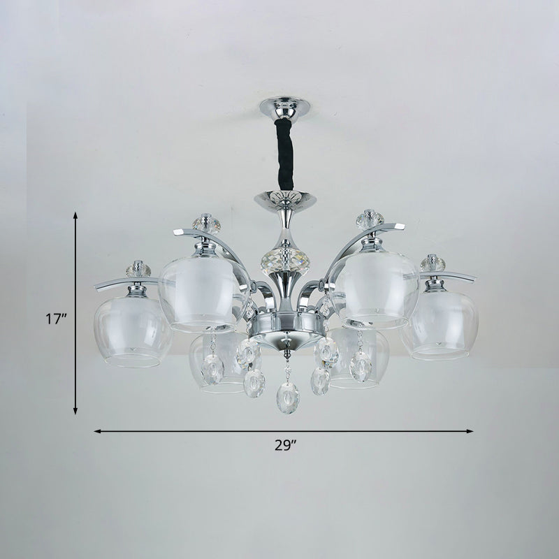 Chrome Sputnik Hanging Chandelier Modern Clear Glass 6-Light Bedroom Pendant with Crystal Drop