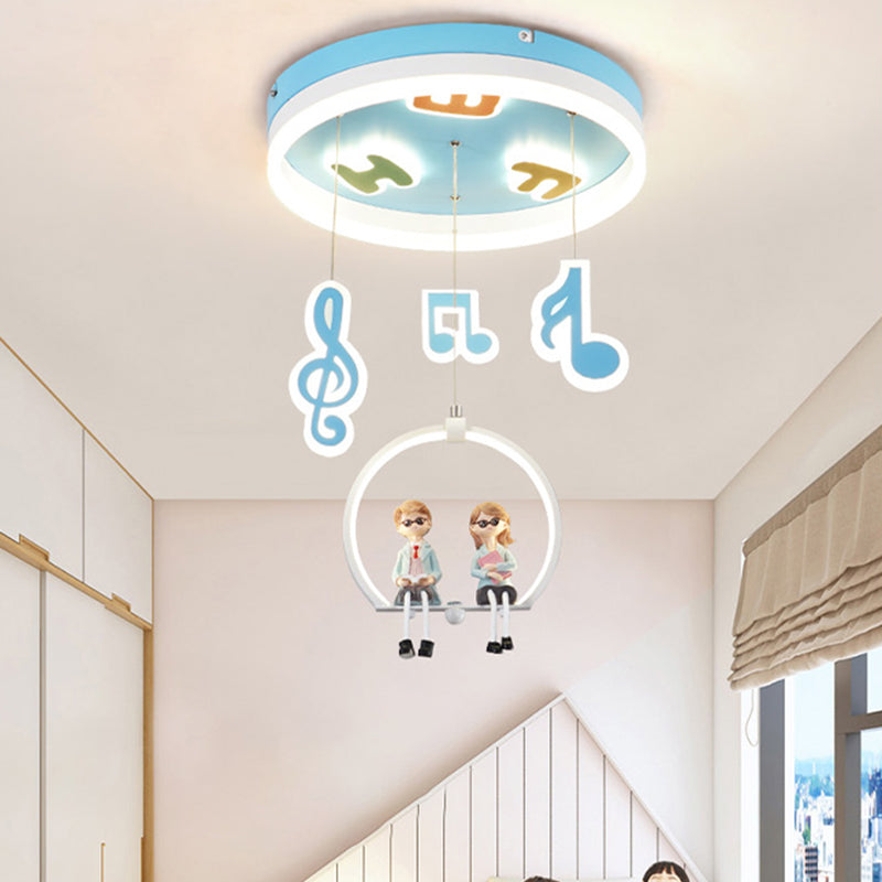 Musical Note Acrylic Ceiling Light Cartoon LED Blue Flush Mount Lighting with Resin Boy and Girl