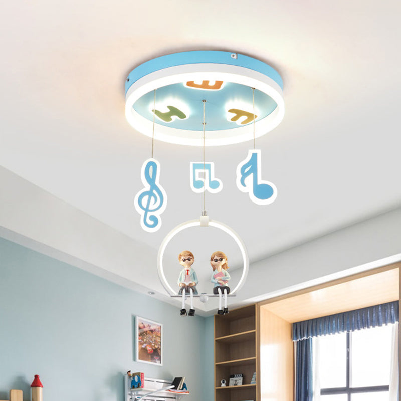 Musical Note Acrylic Ceiling Light Cartoon LED Blue Flush Mount Lighting with Resin Boy and Girl
