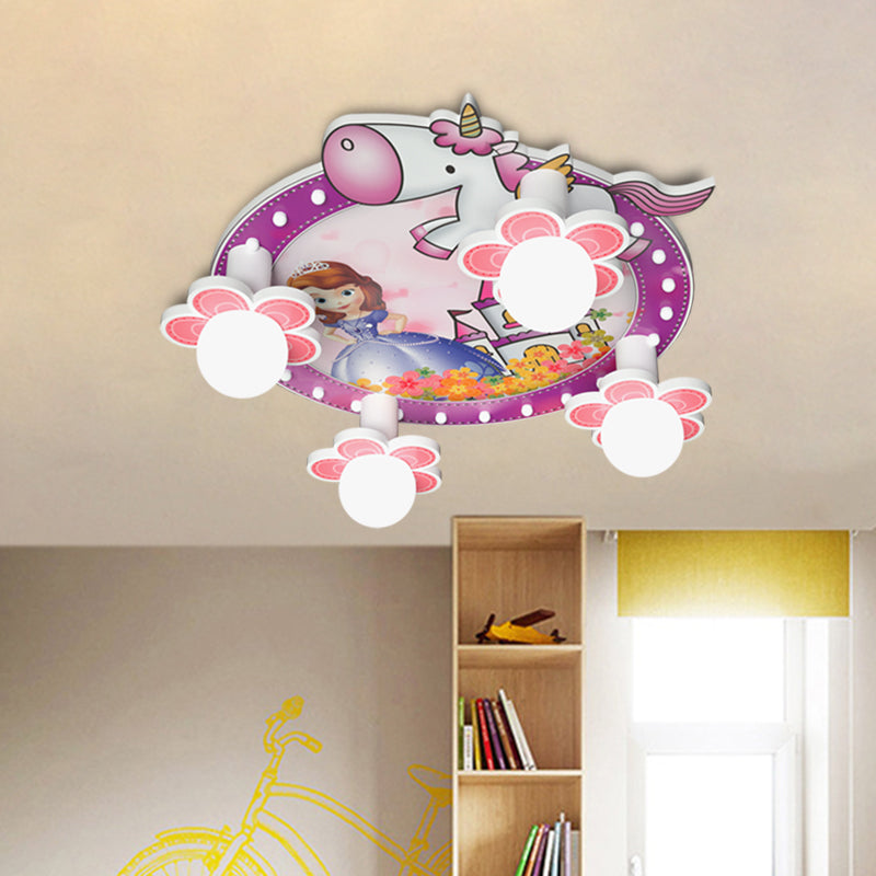 Purple Flower Flush Mount Light Cartoon 4 Bulbs Wood Ceiling Flush with Princess and Unicorn Pattern, 6.5"/23.5" H