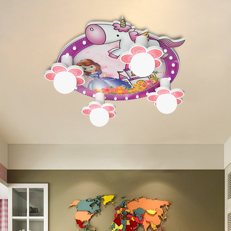 Purple Flower Flush Mount Light Cartoon 4 Bulbs Wood Ceiling Flush with Princess and Unicorn Pattern, 6.5"/23.5" H
