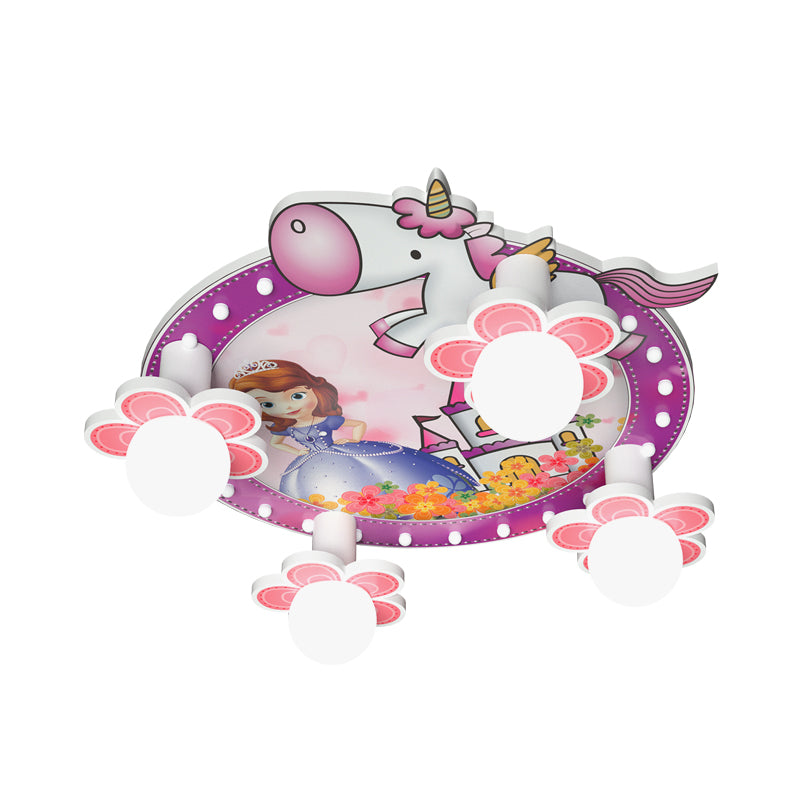Purple Flower Flush Mount Light Cartoon 4 Bulbs Wood Ceiling Flush with Princess and Unicorn Pattern, 6.5"/23.5" H
