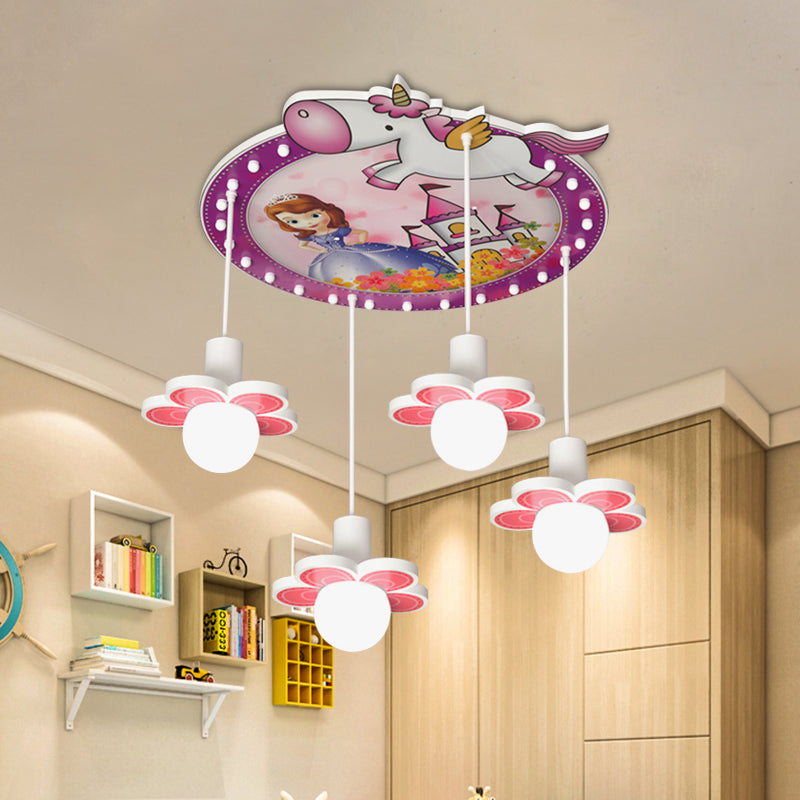 Purple Flower Flush Mount Light Cartoon 4 Bulbs Wood Ceiling Flush with Princess and Unicorn Pattern, 6.5"/23.5" H