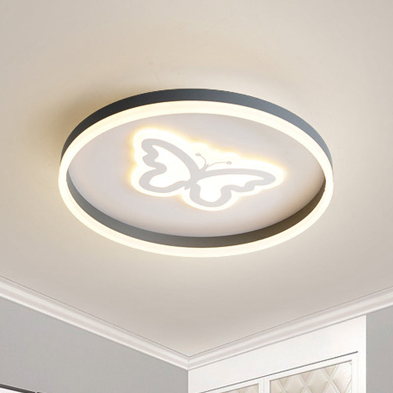 Modern Circular Flush Light Acrylic LED Bedroom Ceiling Lamp in Grey with Butterfly/Loving Heart Pattern