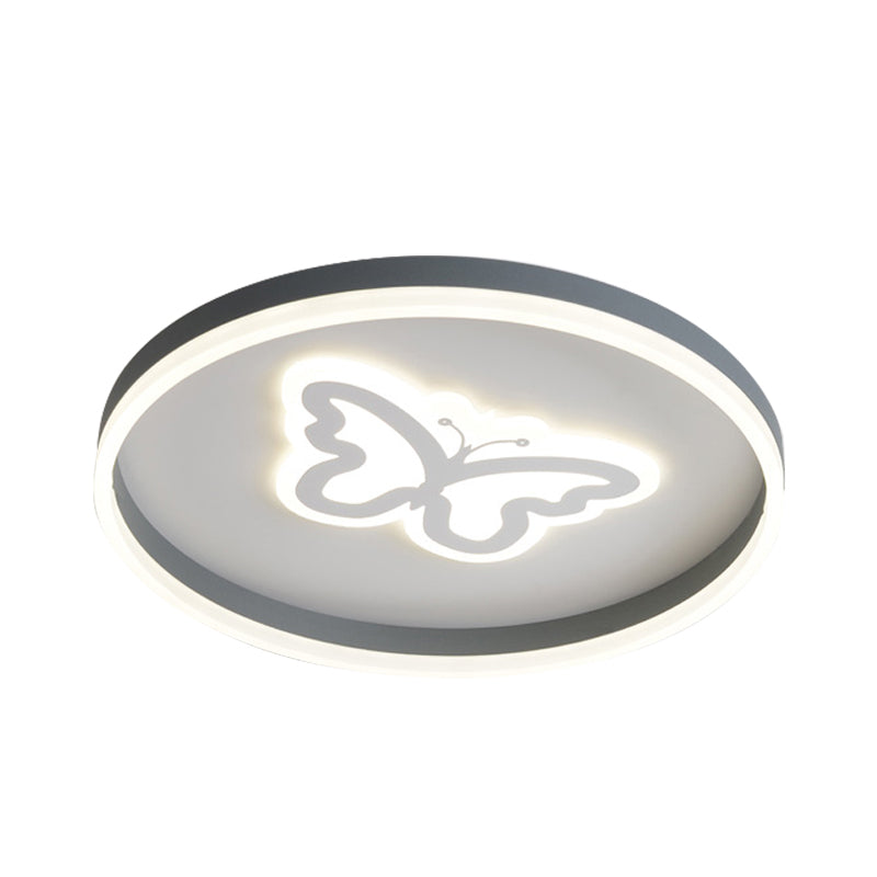 Modern Circular Flush Light Acrylic LED Bedroom Ceiling Lamp in Grey with Butterfly/Loving Heart Pattern