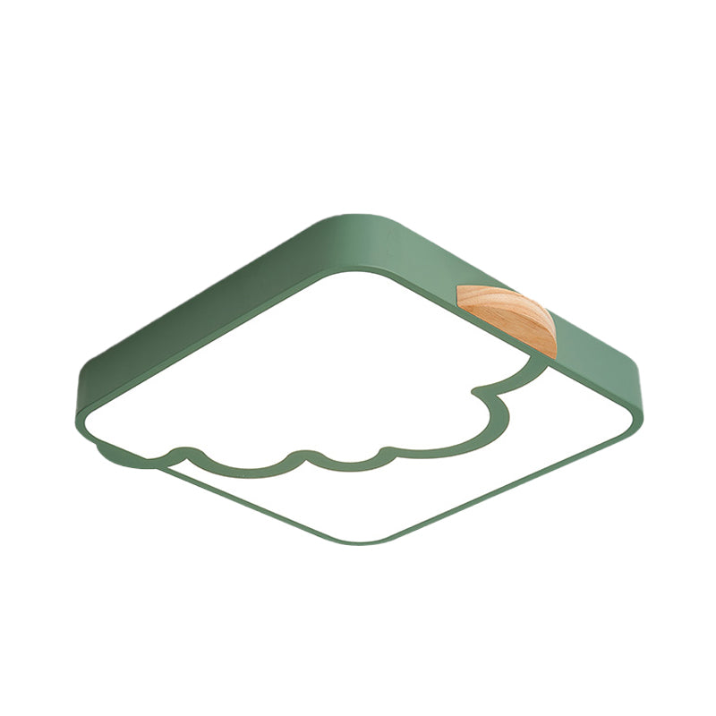 Square Ceiling Flush Mount Minimalist Acrylic LED Bedroom Flushmount Lighting in Grey/White/Green with Wood Detail