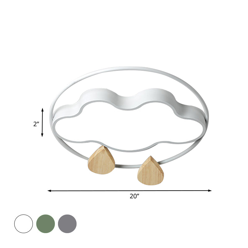 Cloud Bedroom Ceiling Lighting Acrylic LED Simplicity Flush Mount with Wood Raindrop in Grey/White/Green