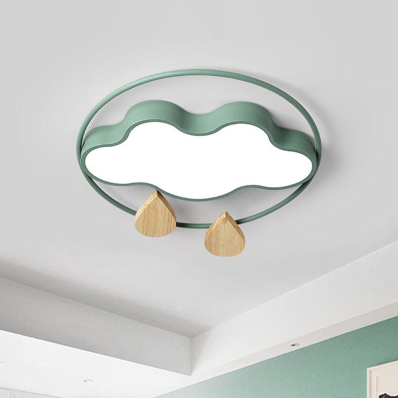 Cloud Bedroom Ceiling Lighting Acrylic LED Simplicity Flush Mount with Wood Raindrop in Grey/White/Green
