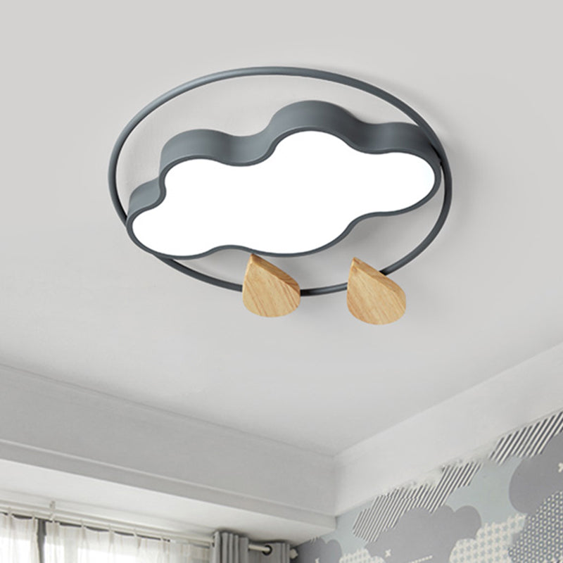 Cloud Bedroom Ceiling Lighting Acrylic LED Simplicity Flush Mount with Wood Raindrop in Grey/White/Green