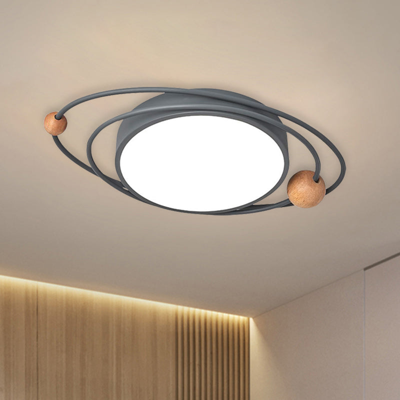 Acrylic Ring Ceiling Light Nordic LED Flush Mount Lighting Fixture with Wood Ball in Grey/White/Blue