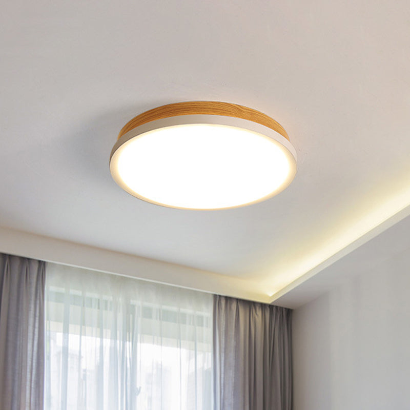 Simple Round Flush Mount Lamp Metal LED Bedroom Flushmount in White and Wood, White/Warm Light