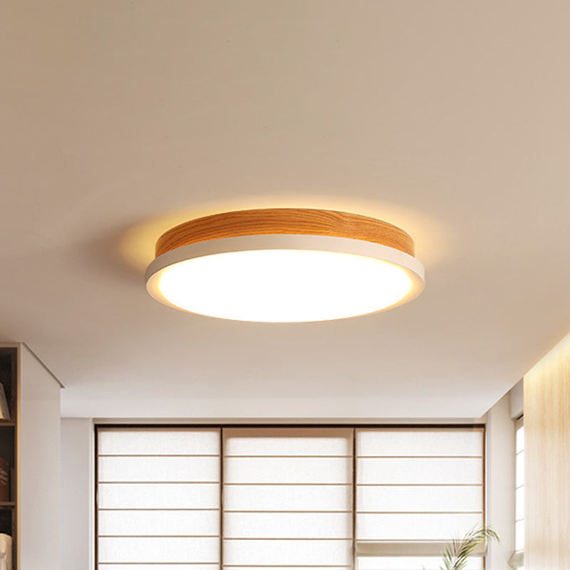 Simple Round Flush Mount Lamp Metal LED Bedroom Flushmount in White and Wood, White/Warm Light