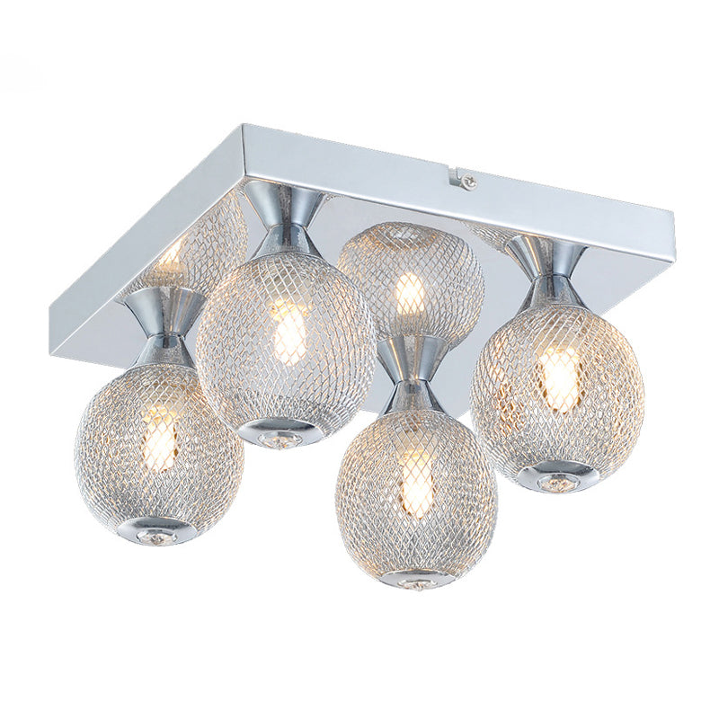 Chrome Finish Kugel Flushmount Modernist 4 Bulbs Metall Mesh LED Flush Beleuchtung mit Square Canopy