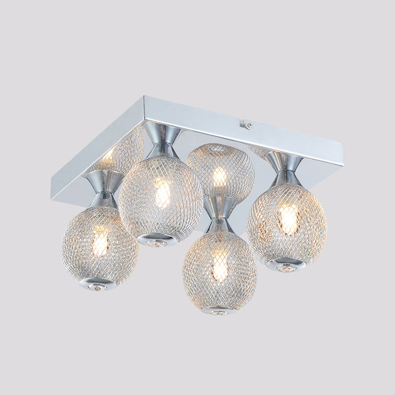 Chrome Finish Globe Flushmount Modernist 4 Bulbs Metal Mesh LED Flush Lighting with Square Canopy