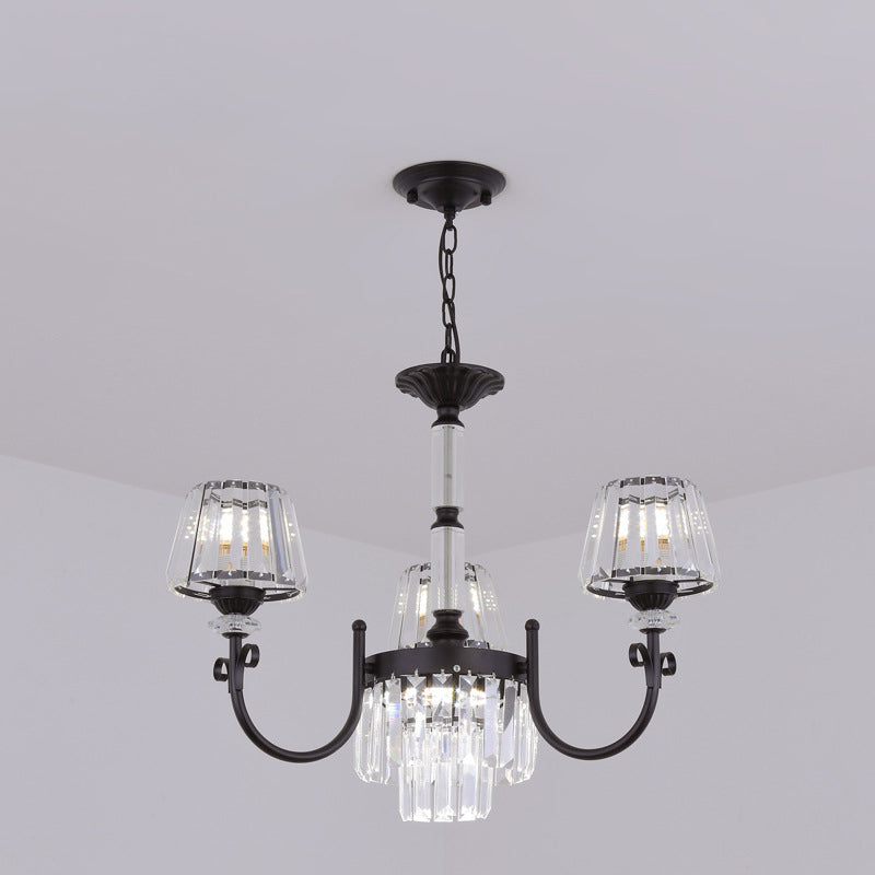 Tapered Crystal Suspension Light Modern 3/6 Heads Dining Room Chandelier Lamp in Black