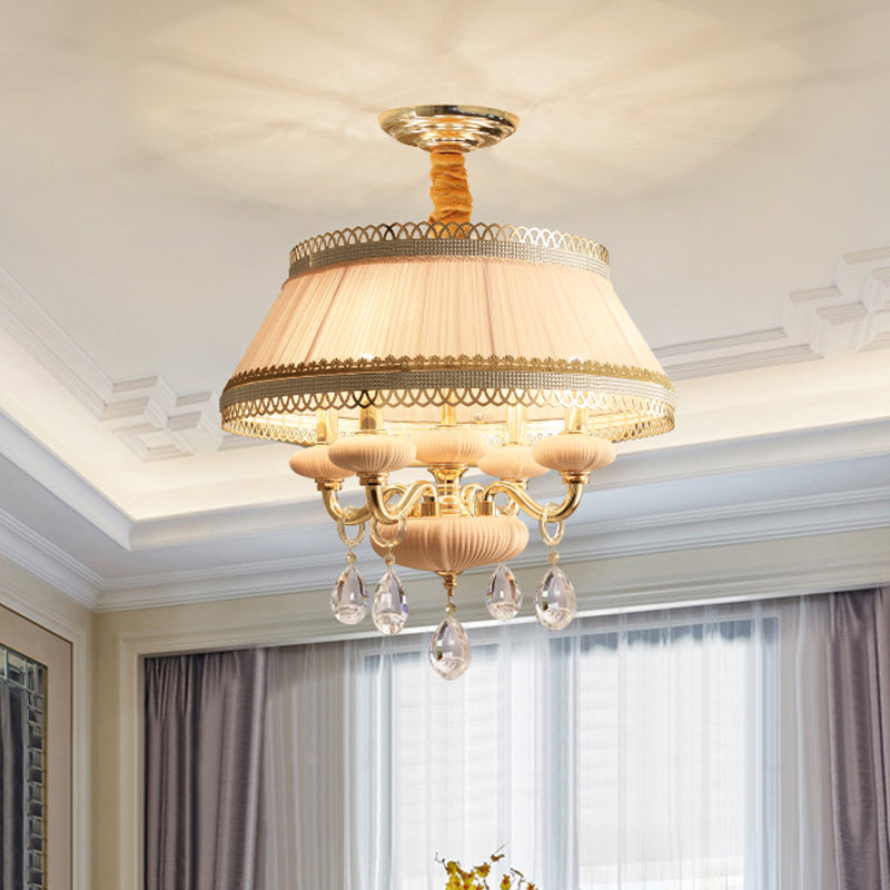 Stof roze/blauwe plafondlamp trommel 4 lichten rustieke kroonluchter hanger licht met kristalval