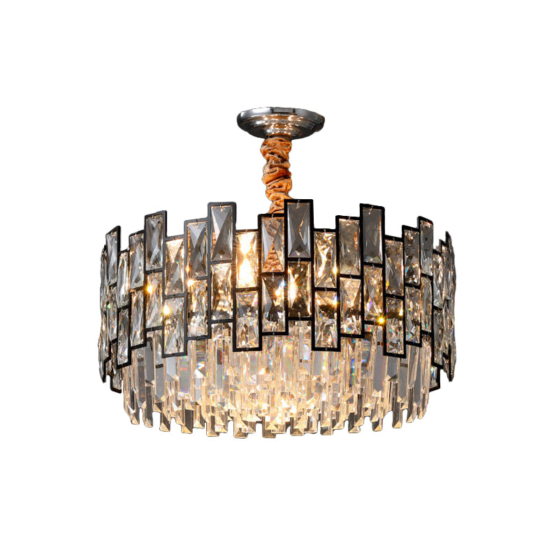 Black 9-Head Suspension Lamp Contemporary Clear Crystal Prism Dual-Layered Chandelier