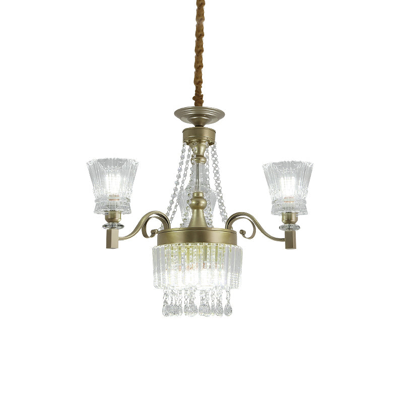 Modern Conical Pendant Lamp 6/9-Head Clear Crystal Chandelier Light Fixture in Gold for Bedroom