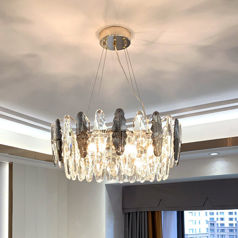 Modernist 2 Tiers Suspension Lighting 6 Heads Clear and Smoke Gray Crystal Chandelier Light