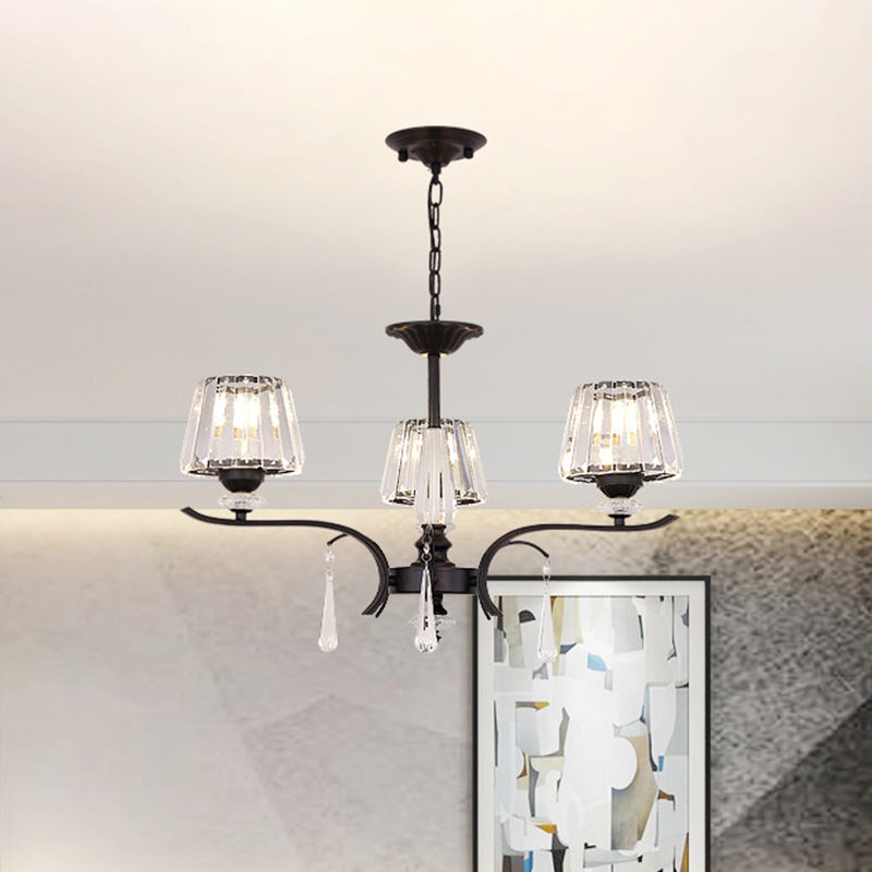 Crystal Block Cone Chandelier Modernism 3/6-Bulb Bedroom Ceiling Suspension Lamp in Black