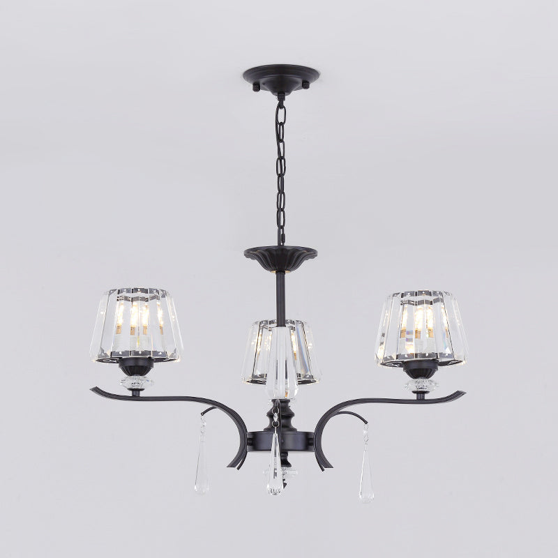 Crystal Block Cone Chandelier Modernism 3/6-Bulb Bedroom Ceiling Suspension Lamp in Black