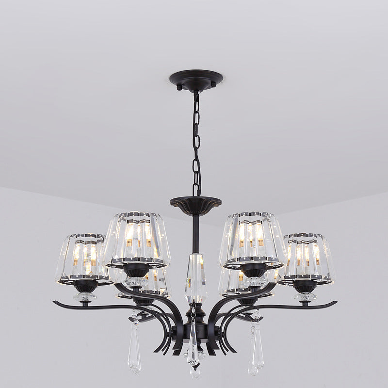Crystal Block Cone Chandelier Modernism 3/6-Bulb Bedroom Ceiling Suspension Lamp in Black