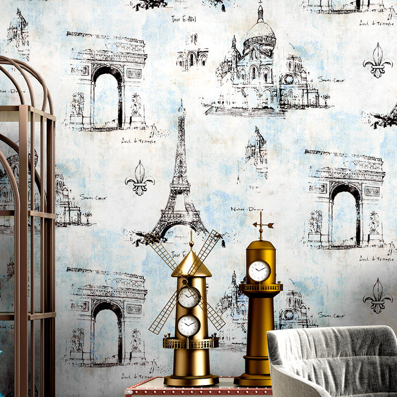 Coffee and Dress Room Wallpaper Eiffel Tower and Traditional European Buildings Design, 33' x 20.5", Non-Pasted