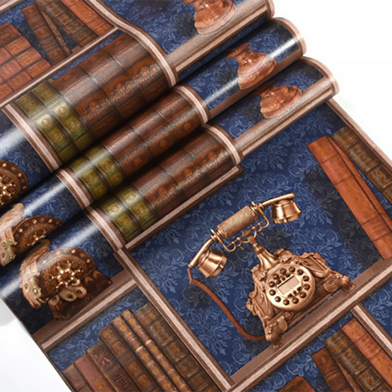 Vinyl Wallpaper with Original 3D Print Telephones and Statues on Bookcase Patterns, 57.1 sq ft.