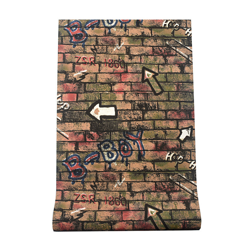 33-foot x 20.5-inch Industrial Horizontal Bricks with Street Hip-hop Graffiti of Letters and Numbers and Arrows Wallpaper, Non-Pasted