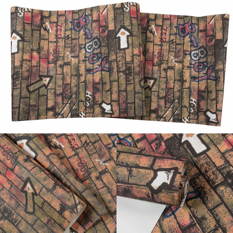 33-foot x 20.5-inch Industrial Horizontal Bricks with Street Hip-hop Graffiti of Letters and Numbers and Arrows Wallpaper, Non-Pasted