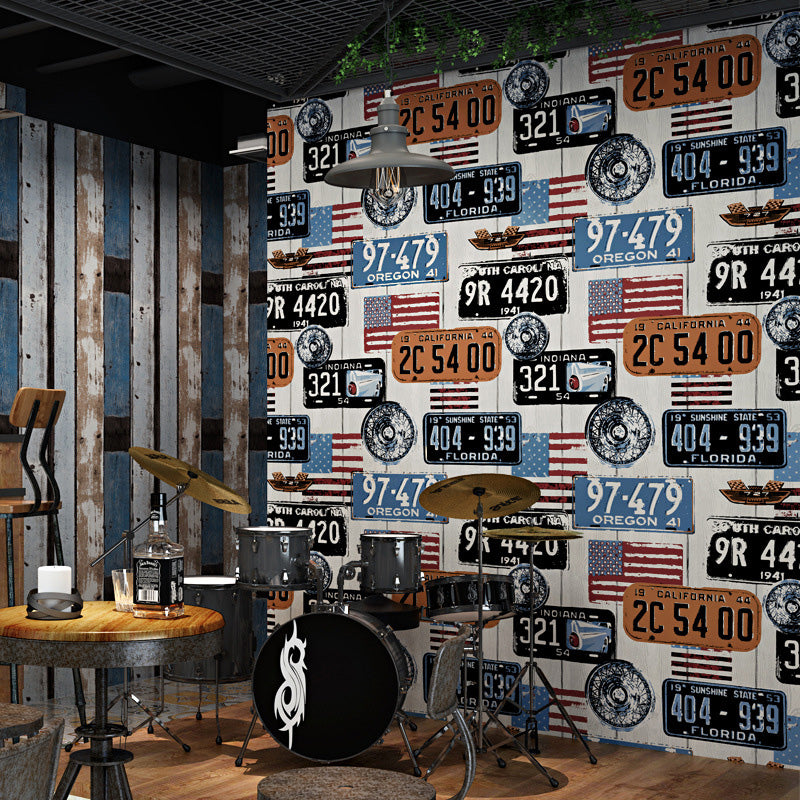 Decorative Non-Pasted Graffiti of Car Plates and USA National Flags Matted Plaster Wallpaper in Multi-Color