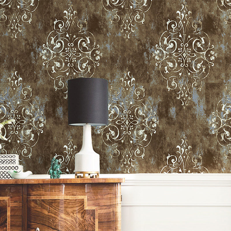Dress Shop and Coffee Room Wallpaper with Damascus Brown Traditional Harlequins and Floral, 17.5" * 19.5', Self-Adhesive