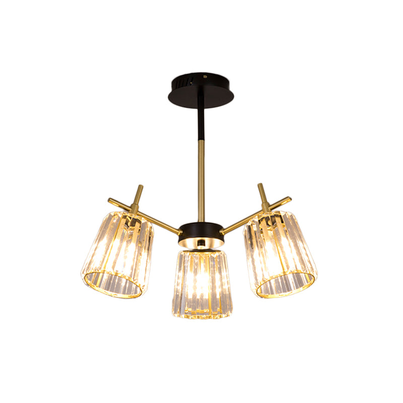 3/6-Light Semi Flush Minimalism Bedroom Flush Mount with Conical Crystal Block Shade in Gold