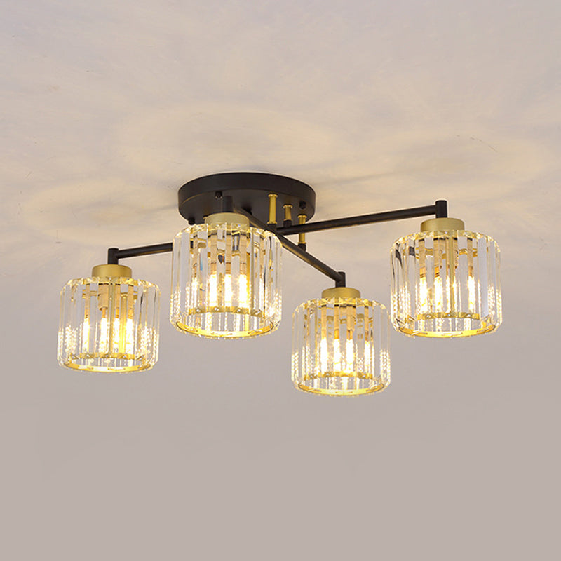 Cylinder Bedroom Semi Flush Light Minimalist Crystal Rectangle 4/6-Light Black and Gold Flushmount