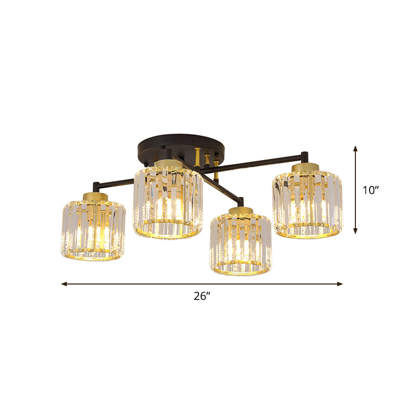 Cylinder Bedroom Semi Flush Light Minimalist Crystal Rectangle 4/6-Light Black and Gold Flushmount