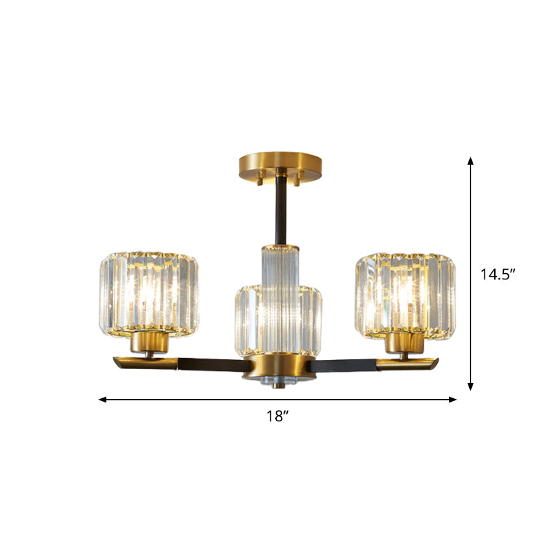 Simplicity Cylinder Semi Mount Lighting 3/6 Lights Crystal Block Ceiling Light in Black and Gold