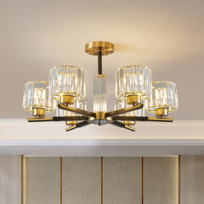 Simplicity Cylinder Semi Mount Lighting 3/6 Lights Crystal Block Ceiling Light in Black and Gold