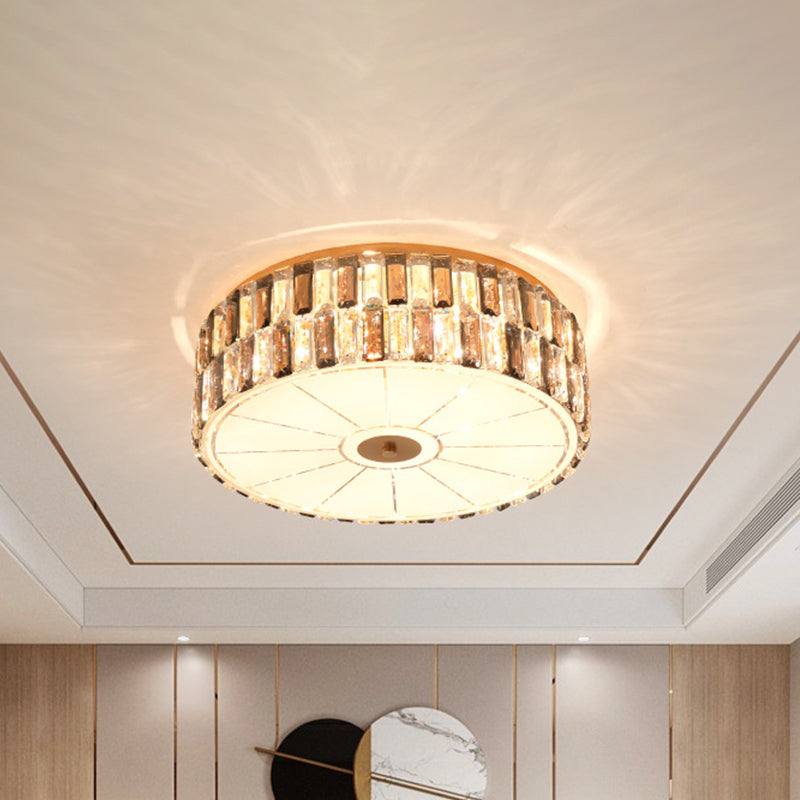 9 - Bulb K9 Crystal Flush Light Simple Gold Drum Bedroom Flush Montaggio Lampada in Gold with Glass Diffuser