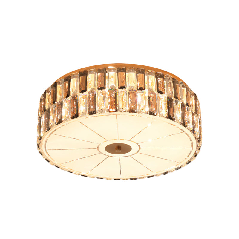 9 - Bulb K9 Crystal Flush Light Simple Gold Drum Bedroom Flush Montaggio Lampada in Gold with Glass Diffuser