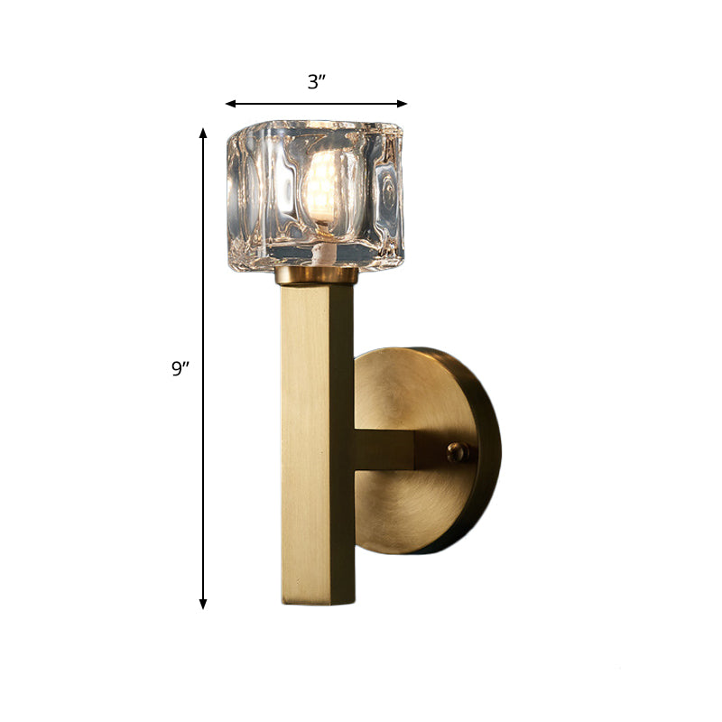 Modern Cylindrical Sconce Light 1/2-Bulb Clear Crystal Block Wall Lighting Fixture in Brass for Living Room