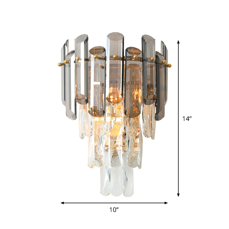 2 Heads Wall Sconce Modernist Tiered Clear and Smoke Gray Crystal Wall Lighting Fixture